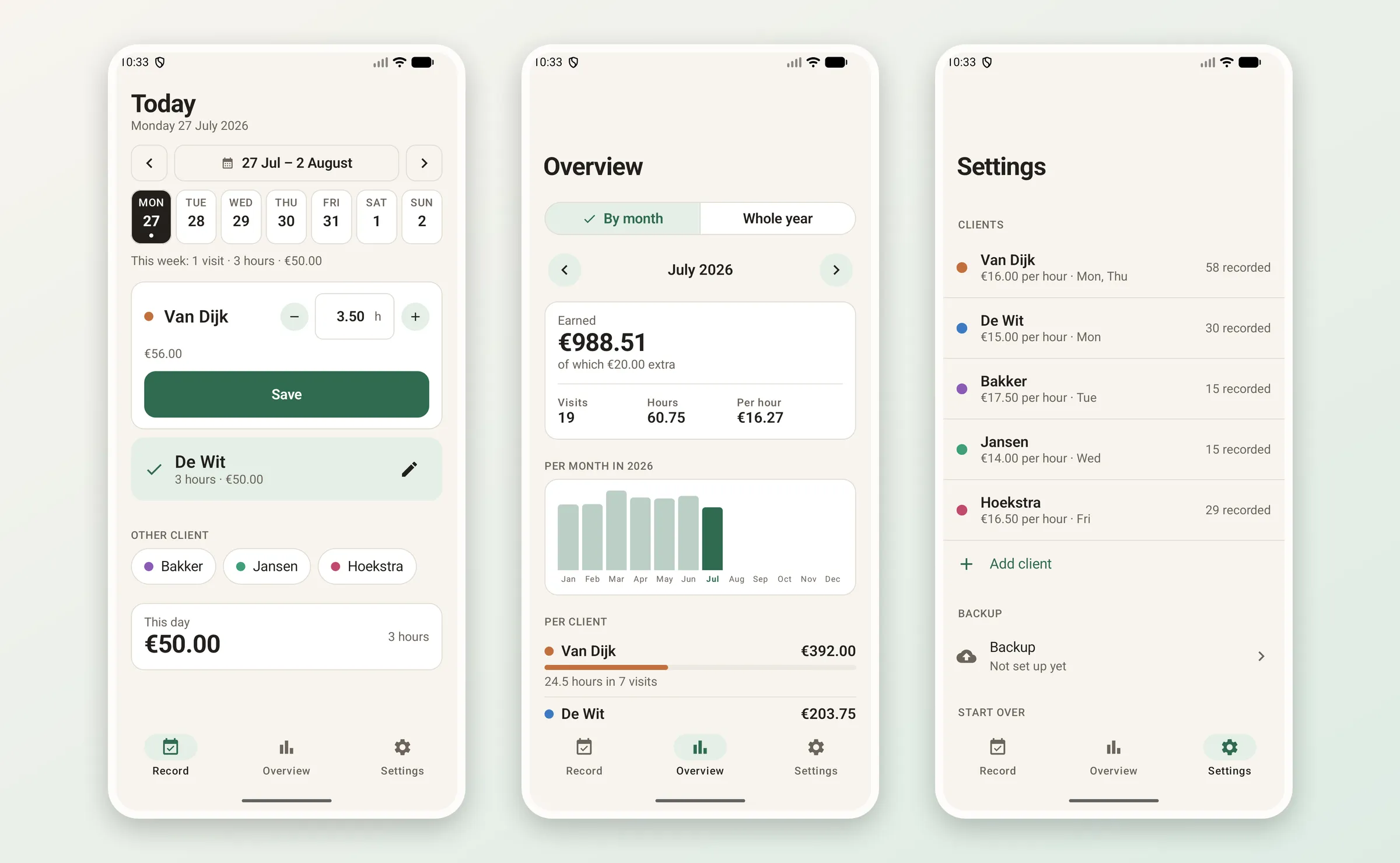 Recording, the overview with its monthly chart, and the client settings