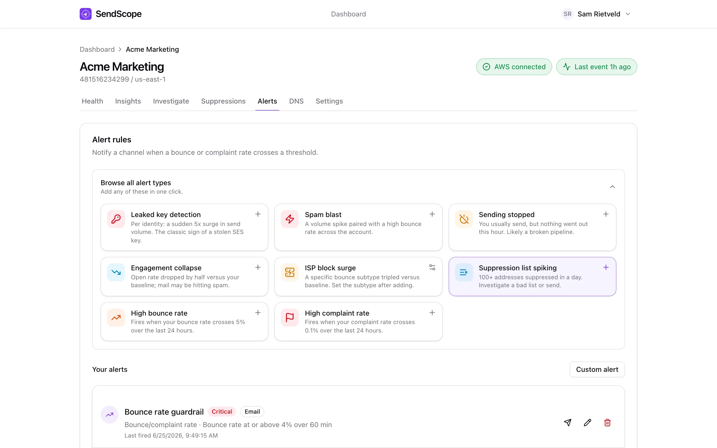 The SendScope dashboard with real-time bounce, complaint, and delivery rates