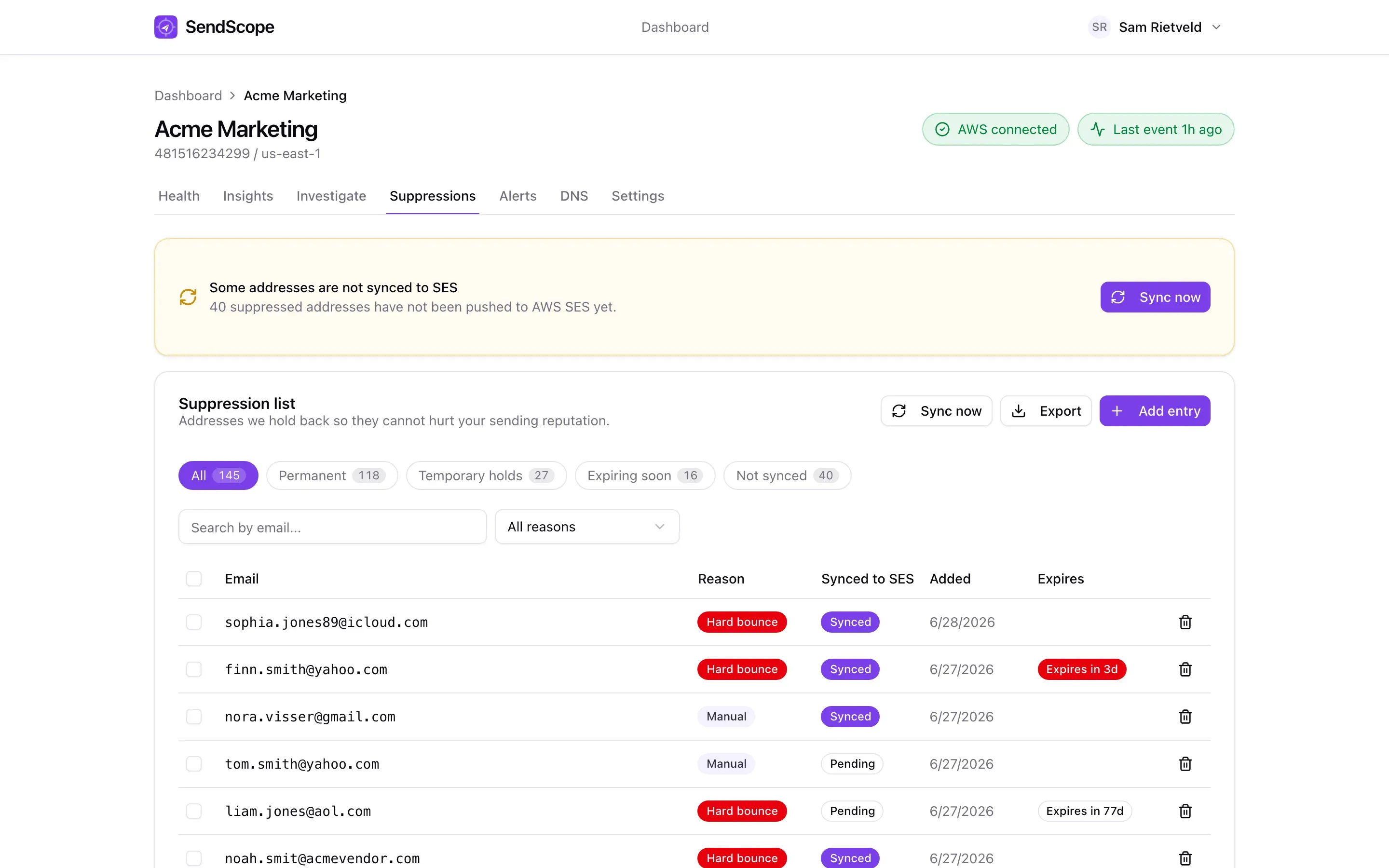The suppression list with search and filter options