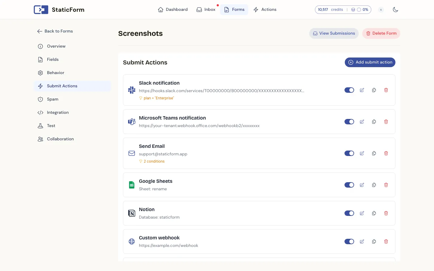 Submit actions configuration with multiple channels